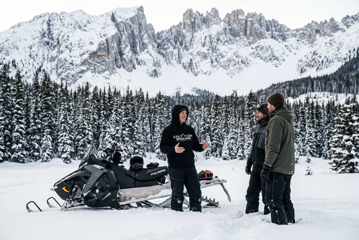 Person wearing the Common Ground hoodie chatting with friends beside a Polaris snowmobile