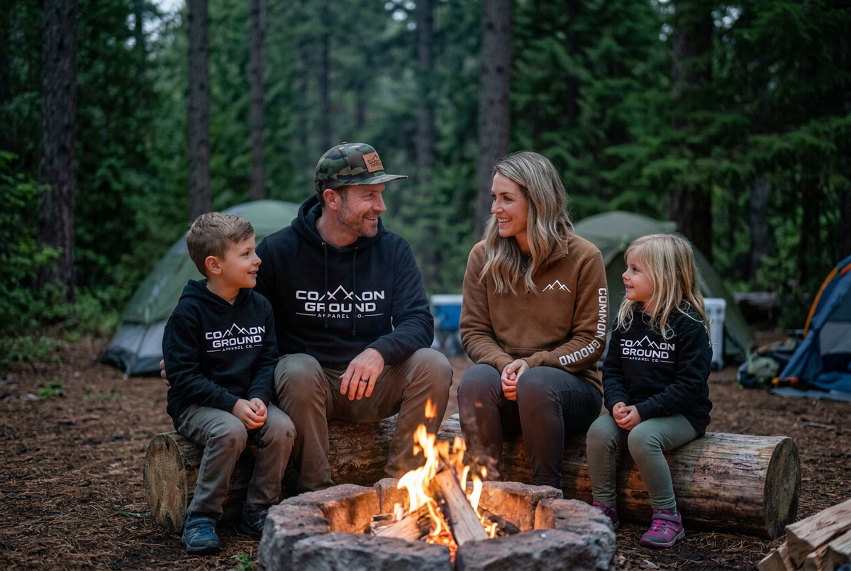 Updated family campfire scene with branded hoodies, the mother’s brown mountain-logo pullover and right-sleeve lettering, and the dad’s camo flat-brim hat with an engraved leather side patch